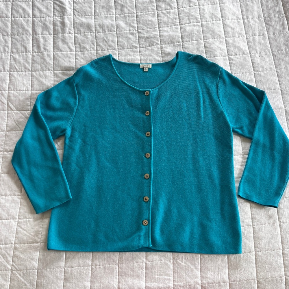 J. Jill Teal Blue 100% Cotton Button Front Knit Cardigan Sweater Womens Medium